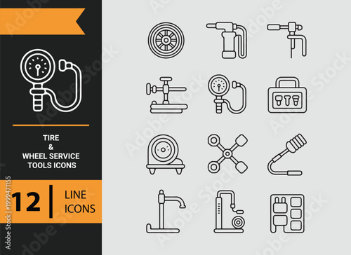Tire Wheel Service Tools Outline Icons for Automotive Maintenance