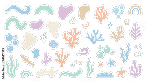 Pastel Sea Elements Sticker Set with Coral Shell and Bubbles