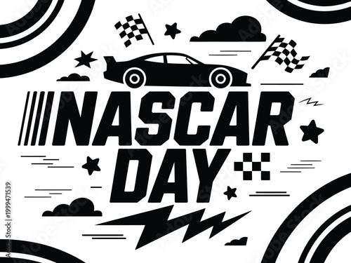 Nascar day graphic with race car flags and checkered pattern.