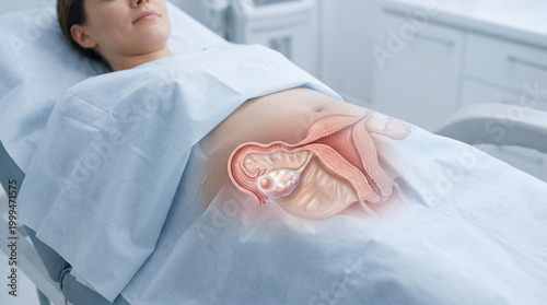 Quiet contemplation of a woman on a medical examination table her internal anatomy gracefully illustrated showing an ovarian condition