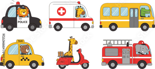 Schilderij op canvas Cartoon Animals in Vehicles Vector Illustration Set Featuring Police Car, Ambulance, Taxi, Fire Truck, Bus, and Scooter for Kids Transportation and Fun Design