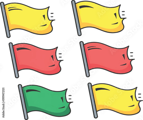 Set of cute cartoons blowing pennant flags in yellow, red and green colors flat art vector illustration.