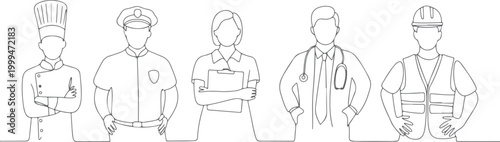 Five business professionals in formal attire holding briefcases, flat style suits ties dresses