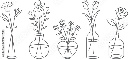 Line of five different vases with floral and geometric in black and white line vase pottery ceramic floral geometric pattern