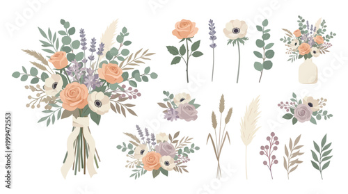Elegant Wedding Bouquet and Floral Arrangements in Soft Peach Purple