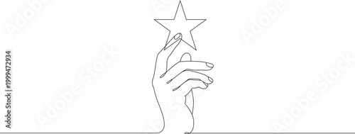 Continuous line drawing of hand holding star, symbolizing success, achievement and rating. Simple outline editable stroke. Minimal line width vector illustration