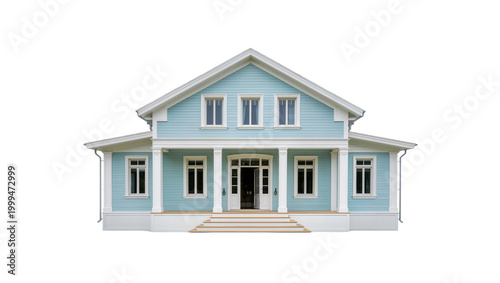 Принти на полотні Light blue clapboard house with white trim and columns, isolated on transparent