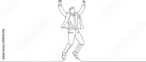 Happy businessman jumping in celebration of success achievement and victory. Simple outline editable stroke. Minimal line width vector illustration