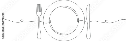 Continuous line drawing of plate, fork and knife. Simple outline editable stroke. Simple contour ar.t Hand made doodle vector illustration
