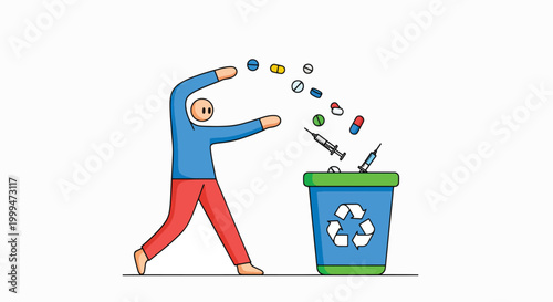 Illustration of a person throwing pills and capsules into a recycling bin with a green lid on a white background.