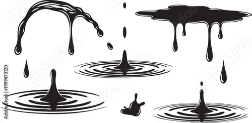 Black dripping liquid creating ripples on water surface