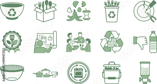 Zero waste kitchenware icon set for eco lifestyle