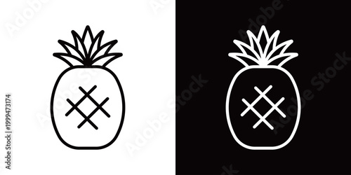 パイナップルのラインアイコン。白い線と黒い線のモノクロベクターイラストセット