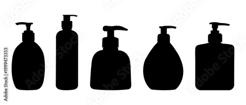 Five silhouette soap dispenser bottles with personal care, white background
