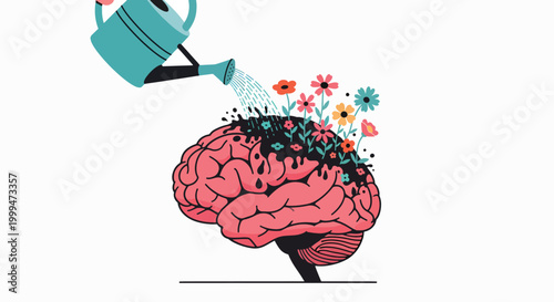 Illustration of a pink brain with colorful flowers growing out of it being watered by a teal watering can on a white background.