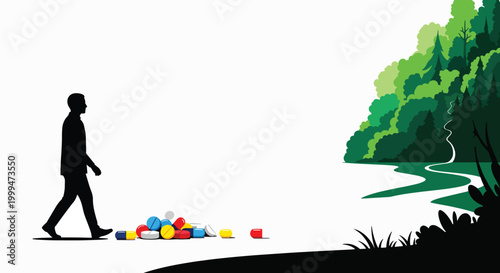 Silhouette of a person walking past colorful blocks scattered on the ground near a tree-lined riverbank with a clean white background.