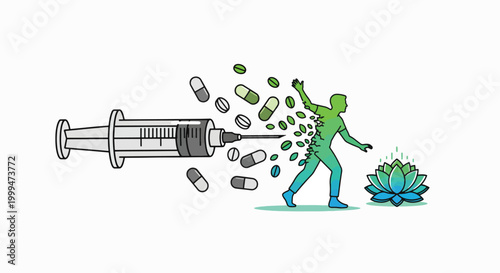 A green zombie-like figure recoils from a syringe injecting pills and capsules against a white background with a cartoonish and humorous mood.