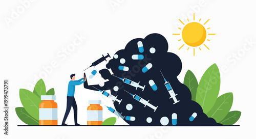 Illustration of a person spraying pesticides on a cloud of mosquitoes and pills under a sunny sky with green leaves.