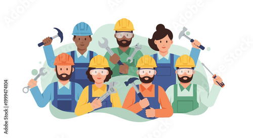 A diverse group of laborers, celebrating International Workers' Day, stands shoulder-to-shoulder with their tools, including hammers and wrenches, against a clean white background