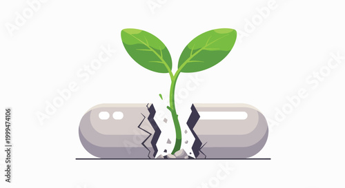 Illustration of a green plant sprouting from a broken capsule on a white background with a symbolic and healthy mood.