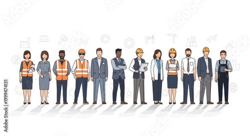 Diverse line-up of workers representing International Labor Day, depicted in a vector illustration, featuring various professions in work attire against a plain background with faint