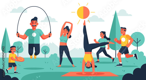 People exercising and playing sports outdoors on a sunny day with friends