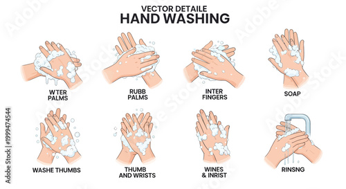Detailed vector illustration showing the steps of hand washing with soap and water against a white background, presented in a clear, infographic style, emphasizing cleanliness and health