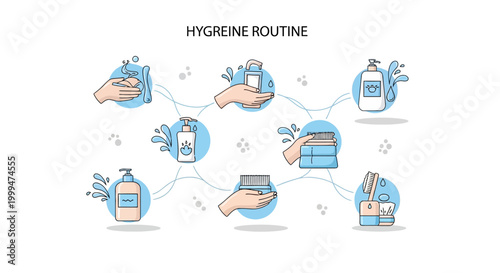 Illustrated hygiene routine diagram showing hand washing, lotion application, and oral care against a clean white background with soft blue accents, creating a minimalist and informative