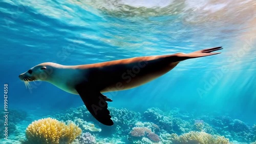 California sea lion swims underwater near colorful coral reef illuminated by sunlight through water surface depicting marine wildlife ocean habitat