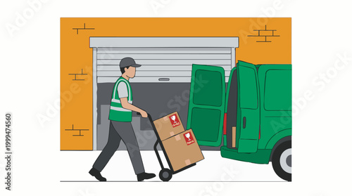 Delivery worker loading packages onto a commercial van near a warehouse