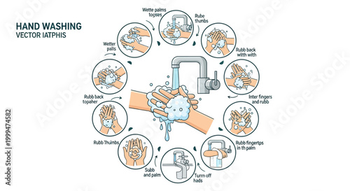 Informative vector illustration depicting hand washing steps arranged in a circle around hands with soap under a faucet, set against a clean white background, promoting hygiene and health
