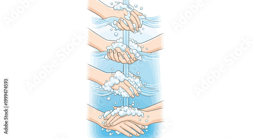 Illustrated sequence showing hands washing with soap and water against a clean white background, demonstrating proper hygiene with clear graphic style and cool blue tones, emphasizing