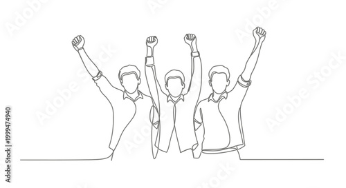 Quadro em tela Continuous line drawing of three people raising arms in celebration of success o