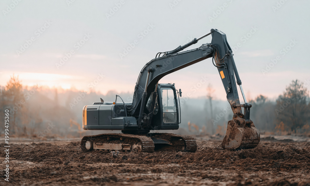 Obraz premium Heavy construction excavator on a dirt ground at dawn or dusk light