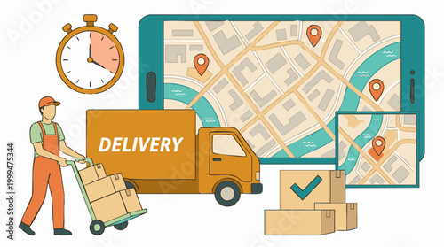 Delivery service concept with truck, courier, GPS tracking, and packages