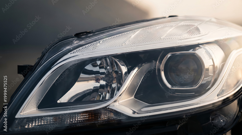 Fototapeta premium Close-up view of a car headlight showing detailed lens and light reflection on shiny surface