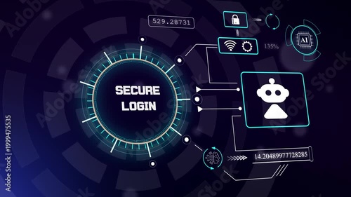 Advanced authentication dashboard displaying secure login status for high tech facility management and data privacy, hud animation