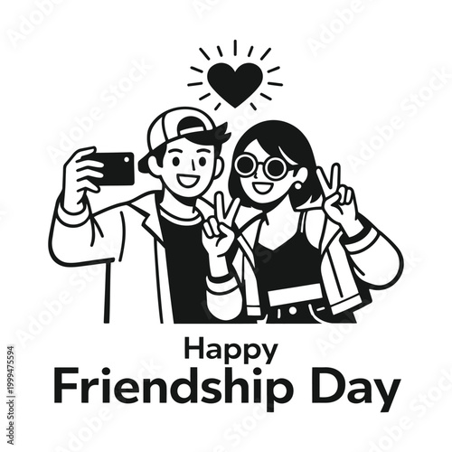 Happy Friendship Day Illustration with Young Friends Taking Selfie and Showing Peace Sign