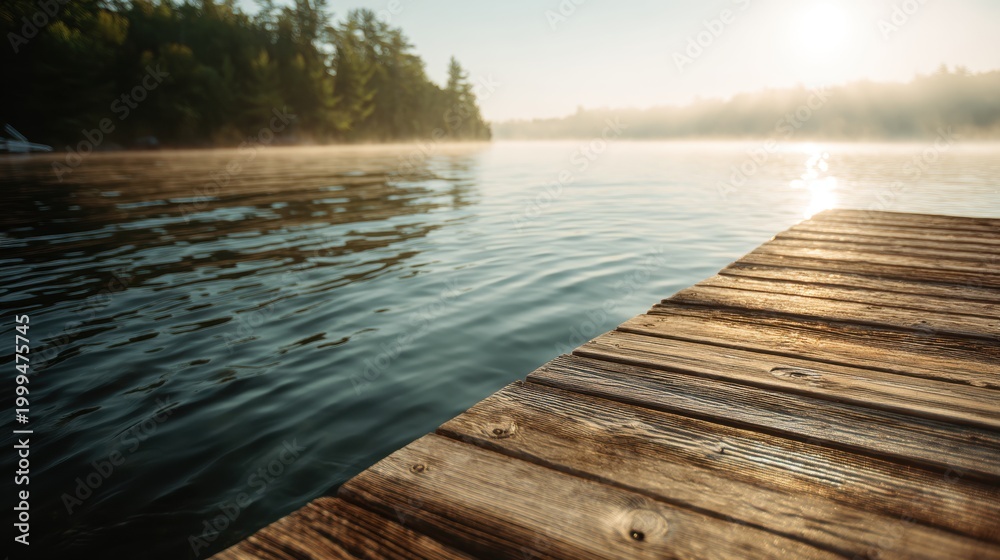 Fototapeta premium Wooden pier on calm lake at sunrise. Morning mist over water with forest in distance. Peaceful scenery of nature landscape with sun glowing over horizon during early summer day.
