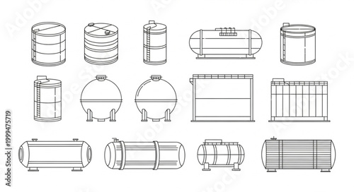 Collection of Industrial Storage Tanks and Containers Vector Illustrations.