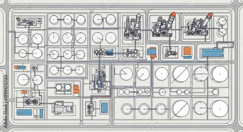 Industrial oil refinery schematic diagram with tanks and pipelines.