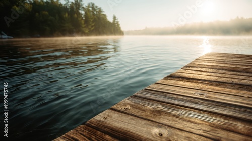 Wooden pier on calm lake at sunrise. Morning mist over water with forest in distance. Peaceful scenery of nature landscape with sun glowing over horizon during early summer day.