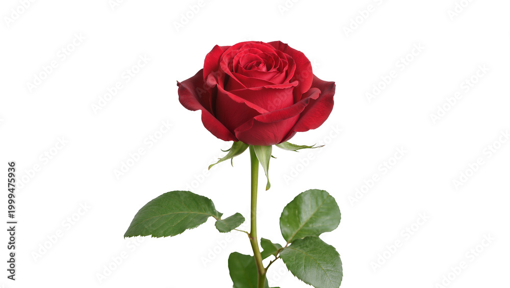 Naklejka premium Single deep red rose with green leaves, isolated on transparent background