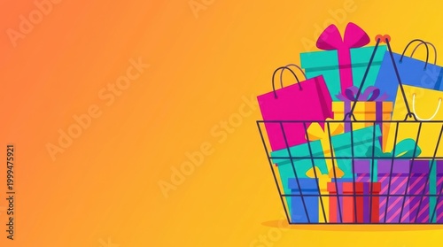 A shopping basket overflowing with colorful gift boxes and shopping bags