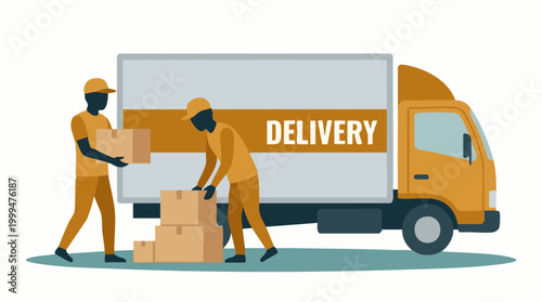 Delivery service workers unloading cardboard boxes from a yellow truck