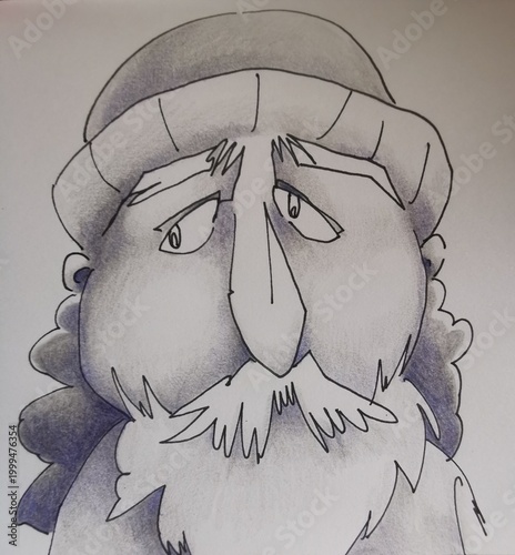 Fotografie Illustration au crayon de couleur d'un vieil homme ayant une barbe et portant un