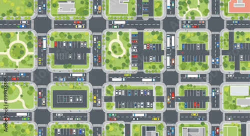 Aerial view of a busy city intersection with traffic and green spaces.