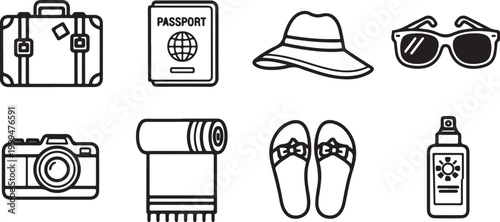 Travel essentials passport tickets camera and luggage icon set vector Vector