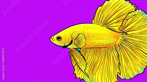 A vibrant yellow Siamese fighting fish with flowing fins is depicted against a bright purple background
