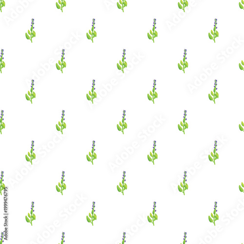 Repeating pattern of small violet lavender blossom stems with green leaves on a white background